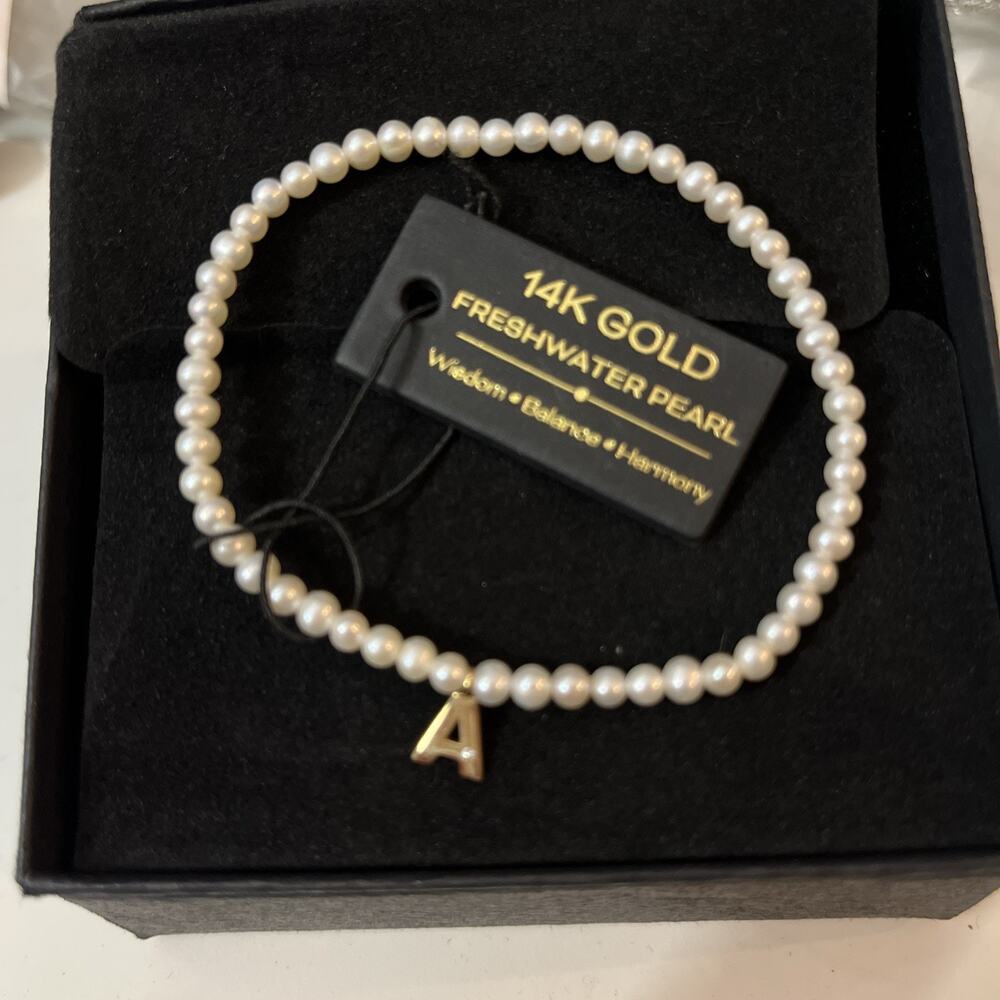Freshwater Pearl Initial “A” Bracelet 14K Gold Pendant (J2)